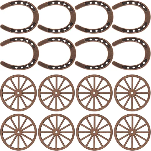 16pcs Mini Horseshoes Wagon Wheel Decor, Lucky Western Theme Party Decorations with Cordage, Vintage Wooden Wagon Wheel Metal Horse Shoes for Birthday Country Table Centerpieces - Brown