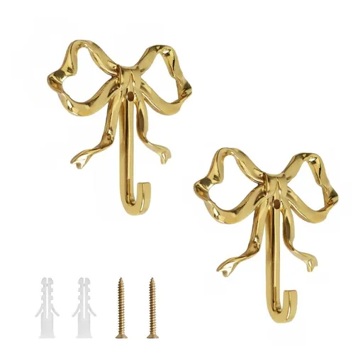 2Pcs Gold Bow Wall Hook, 2.6 Gold Coat Hook, Metal Hooks, Bow Room Decor Hooks for Coats, Coffee Mugs, Hats, Bags, Bath Towels and Room Decorations