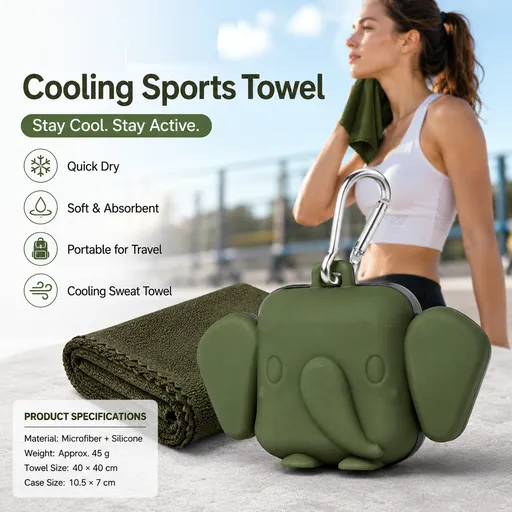 Green Portable Quick Dry Towel with Elephant Storage Box - Microfiber Cooling Sports Sweat Towel with Silicone Case for Gym Swimming Travel