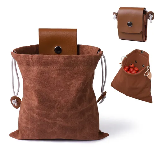 2 pack Foraging Bag, Outdoor Picking Fruit Bags, Waxed Canvas Foraging Pouch, Foldable Leather Belt Pouch with Drawstring Multi-Purpose Picking Bag for Camping, Shells, Treasures, Travel, Hiking