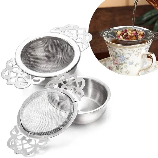 Tea Strainer - 2-piece set - Stainless steel tea infuser - Tea steeper with handle and drip cup - 6.5 cm - Mesh tea filter