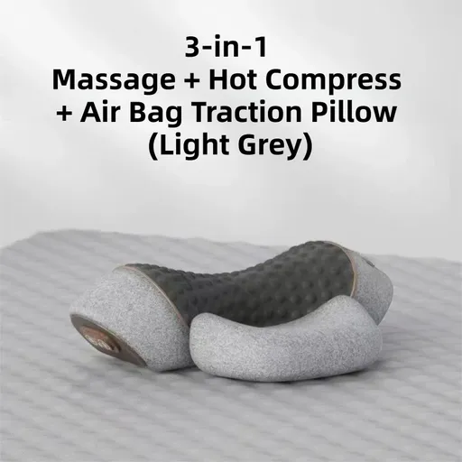 3 in 1 Electric Cervical Neck Massager Pillow (Airbag Traction + Heat Compress + Vibration) - Bone Shped Ergonomic Memory Foam Neck Support Pillow, USB Rechargable Light Grey