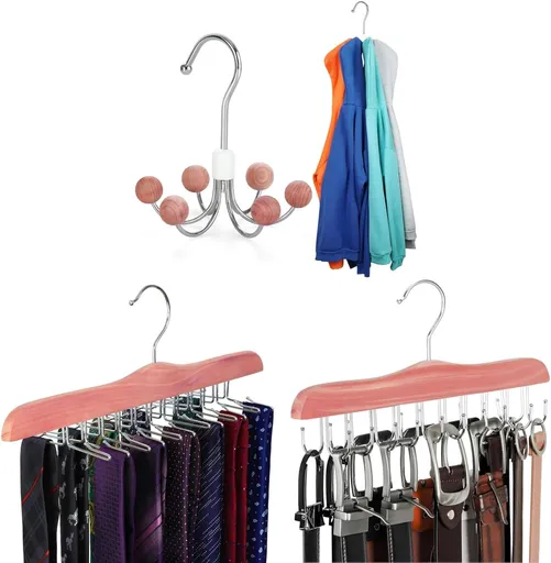 TOPIA HANGER Cedar Wood Hoodie Storage, Tie Rack, Belt Hanger, 360°Swivel Hanger