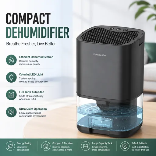 Black Mini Quiet Dehumidifier for Bedroom - 1000ml Water Tank Portable Home Moisture Absorber with Air Purification Filter, RGB Night Light and Auto Shut-Off