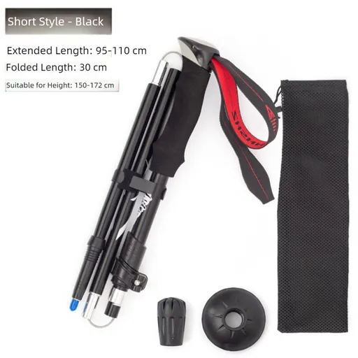 Short Black Ultralight Foldable Hiking Pole - Adjustable Aluminium Trekking Stick with EVA Grip for Outdoor Walking & Climbing