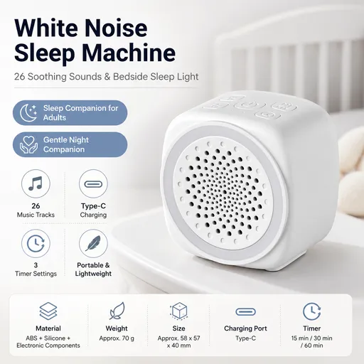 Lightweight and portable White Noise Sleep Machine with Night Light - 26 Soothing Sounds, 7-Color LED, Timer & USB-C Charging for Adults
