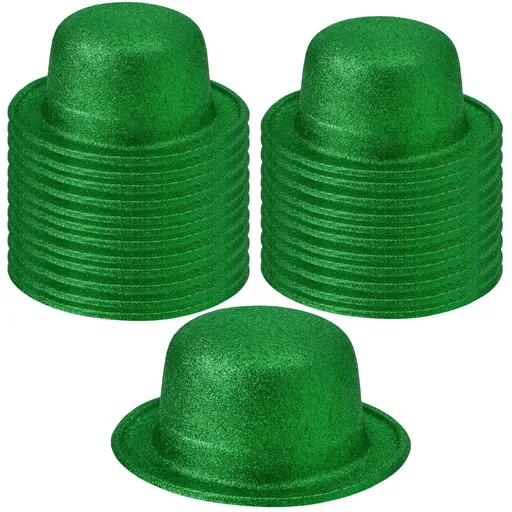 24x GLITTER BOWLER HAT Fancy Party Plastic Costume Cap Fun Dress Up Sparkle BULK - Green