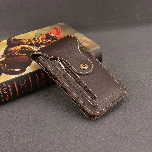 Brown Vertical Leather Phone Holster with 3 Pockets and Carabiner Clip - Belt Loop Waist Bag & Outdoor Pouch (Large Size)