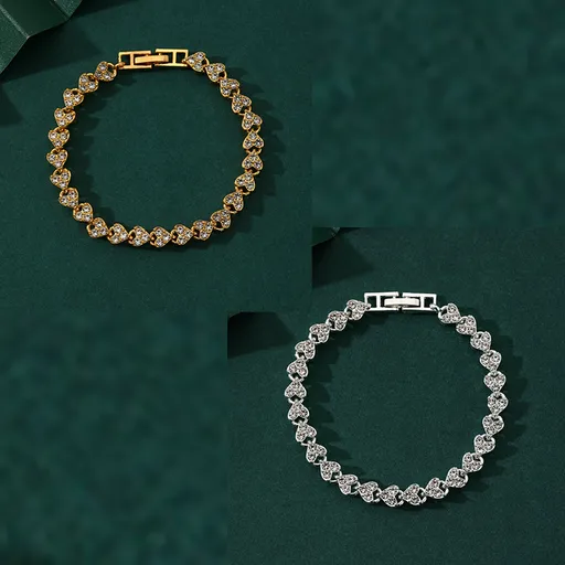 2-piece Aureate and Silvery Luxury Crystal Heart Tennis Bracelet - European Roman Style Pave CZ Diamond Link Chain - Elegant Gold Silver Rose Gold Plated Fashion Jewelry for Women