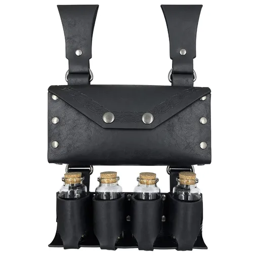Medieval Alchemy Faux Leather Belt Bag with 4 Cork Potion Vials, Fantasy Wizard Waist Pouch Side Pack (Black A)