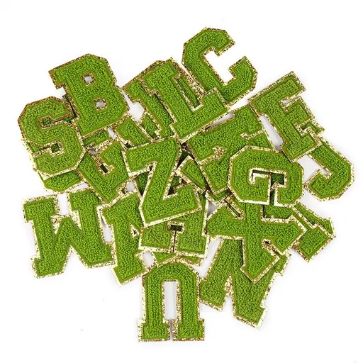 Patchs for Clothing, 26pcs English Letter with Gold Glitters Border, Alphabet Sewing Appliques （green）