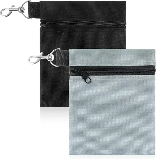 2 Pack Golf Ball Bag, Golf Tee Bag Pouch 6.7" x 5.5" Zippered Pouch with Metal Lobster Clip, Waterproof Golfs Accessories Organizer for Tees Balls, Valuables Holder, Men Women​ (Black, Gray)