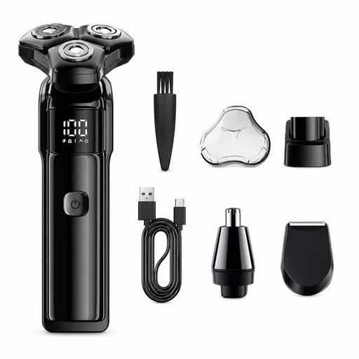 Men's 3-Head Electric Rotary Shaver Deluxe Set - Type-C Rechargeable LCD Grooming Kit with Charging Base for Daily Beard Care, Bathroom, Home, Business Trips and Travel Use