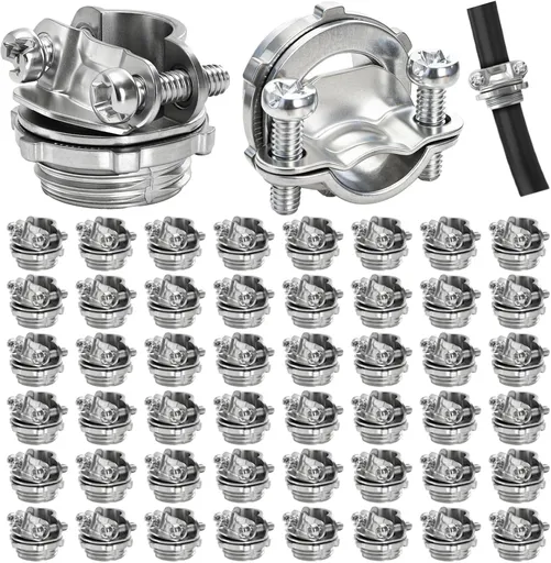 50 Pack 1/2 Inch Clamp Type Cable Connectors, Zinc Alloy and Steel Electrical Conduit Fittings for NM Cable, Rust Resistant Non-Metallic Wire Clamps to Protect Cables, Silver