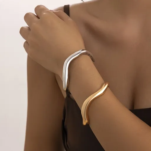 Mixed Color Two Piece Irregular Wave Open Bangle Set, Gold & Silver Lava Texture Stacking Bracelet, Fashion Outfit Decor for Christmas Halloween Premium Presents, Code 5091