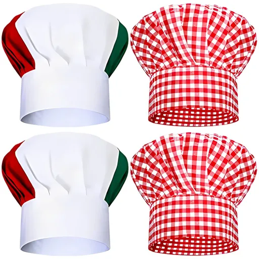 4PCS Chef Hat Set, Classic Red Gingham & Green Patchwork Cooking Chef Hats, Polyester Fiber, Standard Size, Italian-Themed Party Supplies