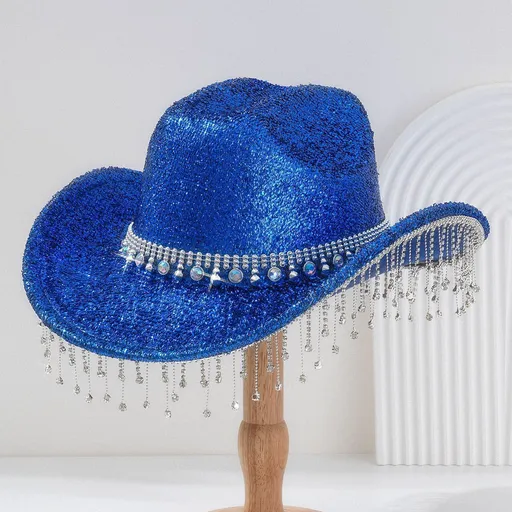 Blue Rhinestone Fringe Cowboy Hat - Sparkling Western Party Hat with Round Gemstone Band and Crystal Tassel Fringe for Festivals, Carnival, Dance and Stage Performance