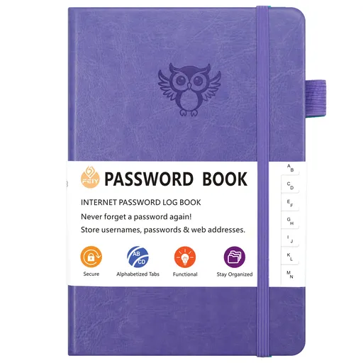 Light purple Password Log Book with Alphabetical Tabs Internet Address Organizer Small PU Leather Notebook with Owl Design Pen Holder and Inner Pocket Ideal for Home and Office