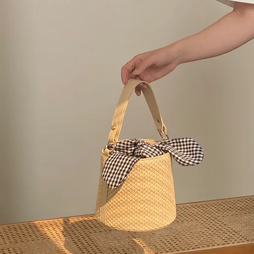 Woven Straw Bucket Bag with Gingham Bow Accent - Mini Top Handle & Crossbody