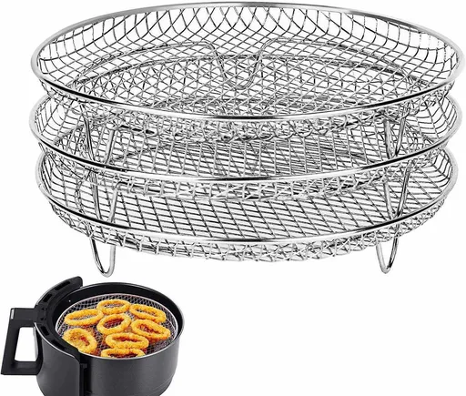 3pcs Air Fryer Basket Rack Stainless Steel Compartment, silver