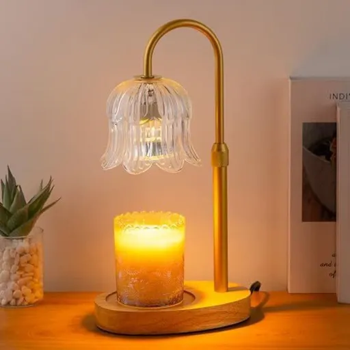 Lily of the Valley Candle Warmer Lamp with Dimmer Knob, Wooden Base Aroma Table Lamp for Bedroom Decor—Clear—Natural Wood Color