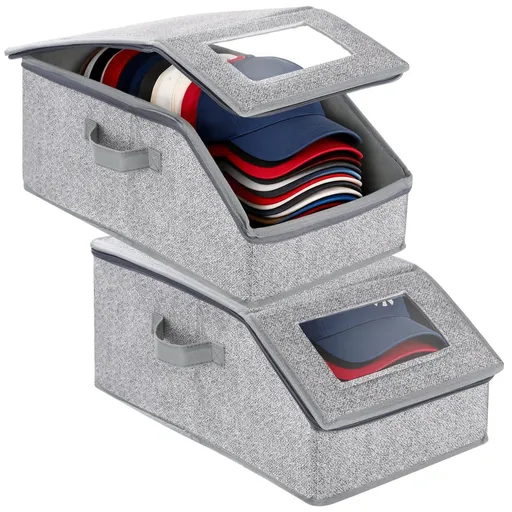 2PCS Hat Storage Box For Baseball Caps, Stackable Hat Storage, Closet Organizer with Clear Window, Easy to Access, Foldable Fabric Container, 16.6" x 8.7" x 6.7