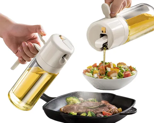 2-in-1 Glass Oil Sprayer and Pourer for Olive Oil, Vinegar and Dressings, Leak-Resistant Kitchen Bottle for Air Frying, 5.1 cm, White