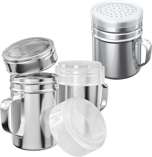 [2-pcs] 10 oz Powdered Sugar Shakers + [1-pc] 10 oz Stainless Steel Salt Pepper Dredge Shaker - All with Plastic Caps and Handles Bundle