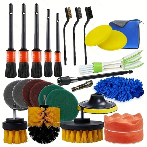 26-piece full function car detailing kit with drill brush and wheel cleaner - Heavy-duty manual and drill-powered cleaning set, color-coded brushes for paint restoration, glass, metal, plastic surfaces - Car washing, polishing, protection - Suitable