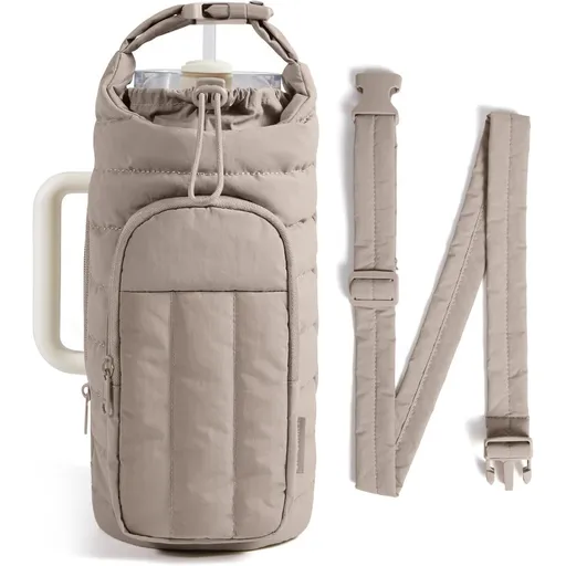 Camel Quilted Water Bottle Carrier Bag with Large Phone Pocket - Insulated Tumbler Pouch with Adjustable Shoulder Strap - Crossbody Water Bottle Holder for18oz to 64ozTumblers, Gym, and Travel