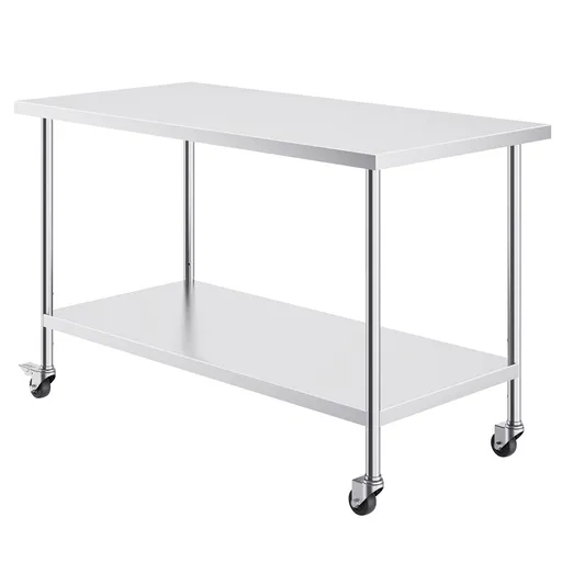 Stainless Steel Work Table 30 x 60 x 38 Inch, with 4 Wheels, 3 Adjustable Height Levels, Heavy Duty Food Prep Worktable for Commercial Kitchen Restaurant, Silver