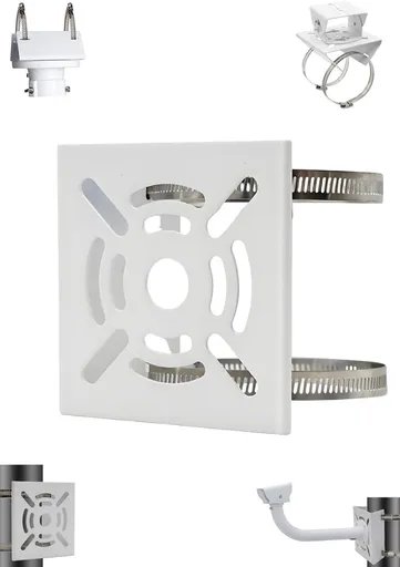 Security camera bracket - Camera bracket - Security bracket - with 2 rings - universal metal bracket - Vertical pole adapter - For security cameras - Sturdy metal bracket - Flat pole bracket - sturdy and durable - White