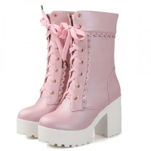 Hod Health & Home Chunky Lace Platform Lolita Boots - Pink - 9