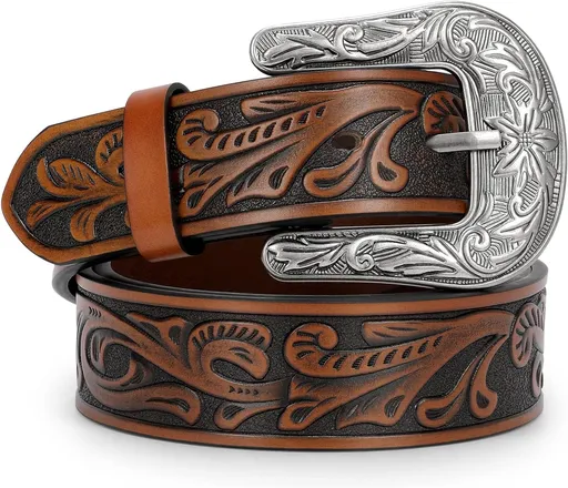 Western Belt for Women Men Cowgirl Cowboy Floral Engraved Tooled Leather Belt with Buckle for Jeans Pants Rodeo