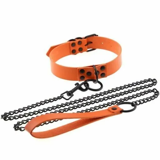 House Of Dasein Rivet Slave Collar With Leash Bdsm Bondage Pet Play Owned Submissive - Orange