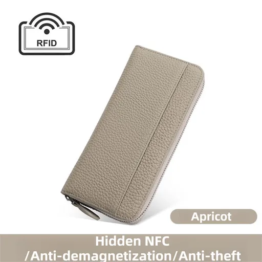 Apricot Genuine Leather Women's Long Wallet with RFID Blocking & Hidden NFC - Large Capacity Phone Purse with 180° Zipper Closure, 18 Card Slots, Coin/Cash Pockets and for Daily Travel Use