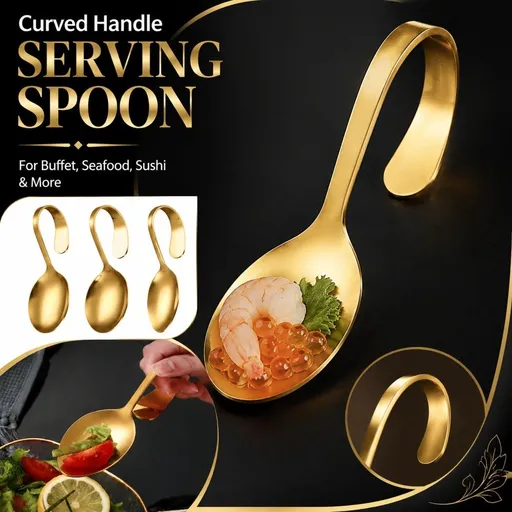 Stainless Steel Curved Handle Serving Spoon for Buffet Seafood Sushi Distribution Gold Metal Catering Utensil for Western Self Service Restaurant and Daily Meal Serving