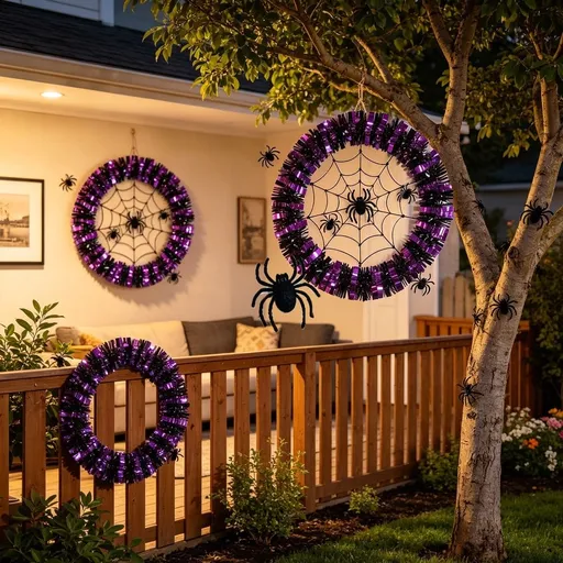 Halloween Artificial Front Door Wreath, 30 x 2 cm with Spider Webs and Ornaments, Reusable Hanging Decoration for Front Doors, Walls and Mantels, Entryway and Seasonal Home Decoration, Purple