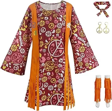 Hippie Disco 70s Costume for Women, Headband, Dress, Ankle Socks, Peace Symbol for Ladies Cosplay Party Orange L Orange L_max Orange L