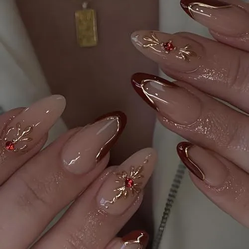 Elegant almond press-on nails for daily occasions, parties, and holiday gatherings (Burgundy)
