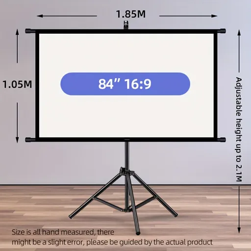 84inPortable and mobile projection screen with tripod stand, 16:9 HD format, suitable for home theater and indoor wall mounting. Made of polyester fabric, easy to set up and use. Ideal for office presentations and home entertainment, ready to use rig