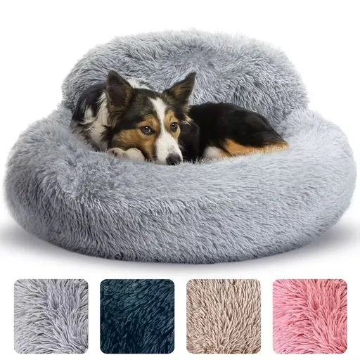 Cozy Plush Donut Pet Bed with Raised Rim, Washable Faux Fur Cat & Dog Couch, Winter Warm Supportive Nest for Small to Large Breeds (M, Silver)