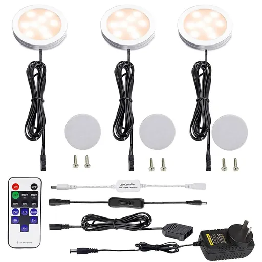 Dimmable LED Under Cabinet Lighting, Counter Showcase Kitchen Lighting Fixtures with 12V Plug in Adapter and Dimmable Wireless Remote Control, 3 Ultra Slim Puck Lights Kit (Warm White2700K)