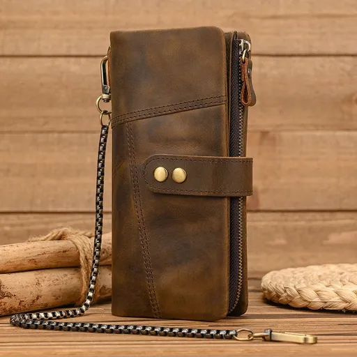 Vintage Crazy Horse Leather Double Zip Long Wallet, Top Grain Leather Bi-Fold Large Capacity Clutch, RFID Blocking Men's Wallet(Crazy horse skin khaki)