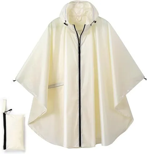 Beige Hooded Rain Poncho with Full Front Zip - Lightweight Packable Rain Cape with Zipper Pocket and Storage Pouch for Hiking, Travel and Outdoor Activities