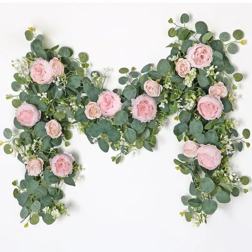 2 Pack Artificial Pink Peony Flower Garlands, 1.8M Floral Vine with Baby's Breath & Eucalyptus Leaves, Hanging Fake Greenery for Wedding Arch, Home Doorway & Party Decor
