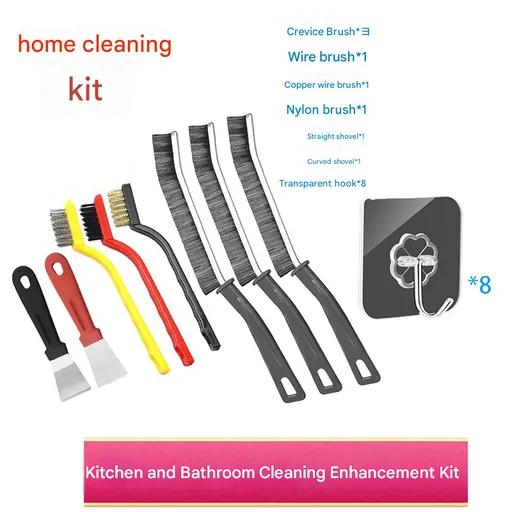 8-Piece Cleaning Brush Set（Includes 8 transparent hooks） - Stainless Steel Scraper, Brass, Carbon Steel and Nylon Bristles - Multi-Purpose Scrubber for Kitchen Stove, Bathroom Tiles and Grout - Space Saving Design