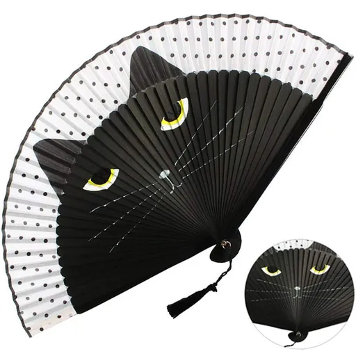 Handheld Fan, Cartoon Cat Folding Silk Fan Handheld Fan, Men Women Silk Folding Fan with Bamboo Frames and Elegant