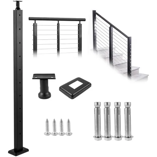 Cable Railing Post Level Deck Stair Post 42 x 1.97 x 1.97" Cable Handrail Post Stainless Steel Brushed Finishing Deck Railing Pre-Drilled Pickets with Mounting Bracket Stair Railing Kit Black 106.7*5*5cm