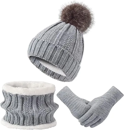 Hat with pompom, scarf and gloves - Three-piece Winter set - knitted fabrics - Warm Baggy Ski Hat - Winter Hat - Neck Warmer - Gloves - Touchscreen Gloves - for Outdoor play, skiing, motorcycling, windproof - for Men, Women - Grey